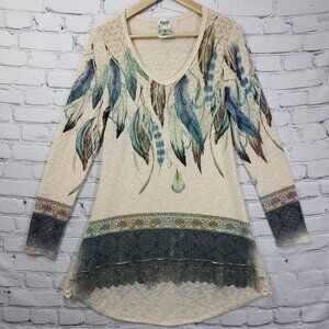 Vocal Tunic Sweater Womens M Boho Feather Airbrushed Design Lace Trim USA